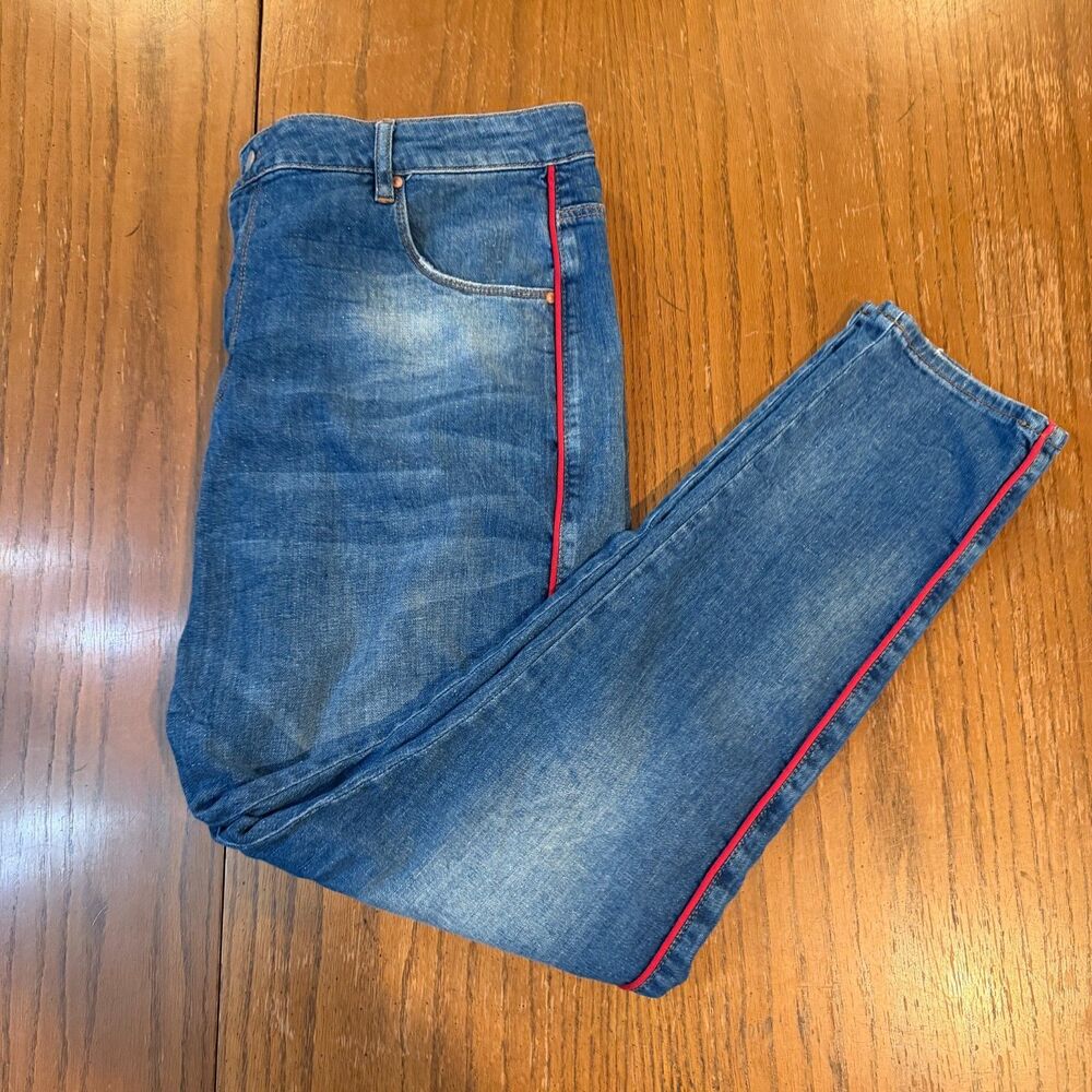ASOS Skinny Jeans Mens W38 L32 Blue Denim Red Side Stripe Stretch Tapered